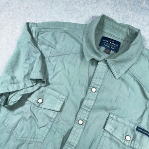 Lucky Brand Short Sleeve Button Up Shirt Mens S Green Pearl snap Washed & Worn